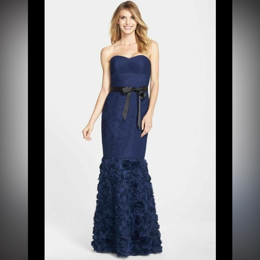 JS collection Navy Floral-Texture Mermaid Evening Dress with Ribbon Waist